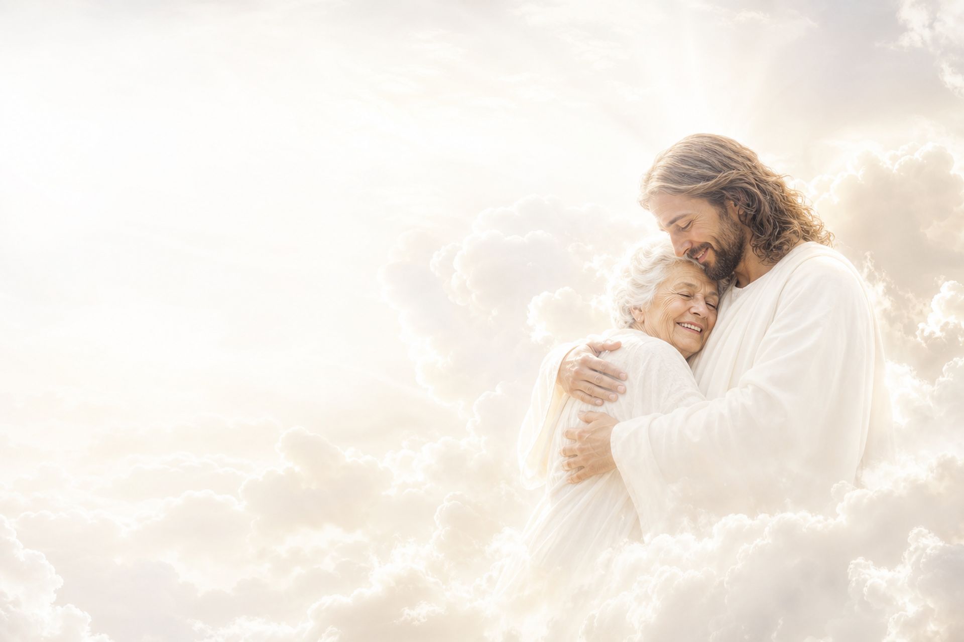 Jesus embracing a loved one among soft heavenly clouds